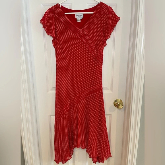 Adrianna Papell Silk Polka Dot Asymmetrical Hem Dress in Red & Cream Siz… - Picture 2 of 12